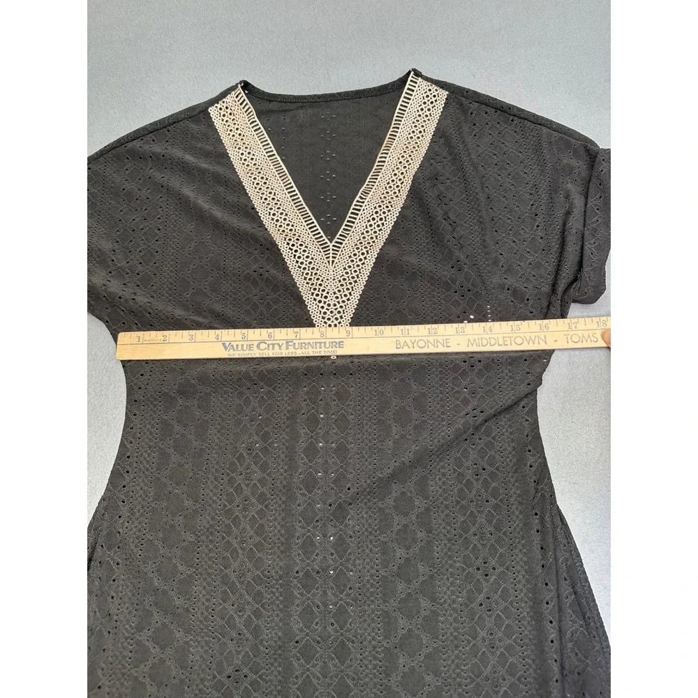 Shein Boho Black Eyelet Crochet Trim V-Neck Swim Cover Up Tunic Size Medium US 6